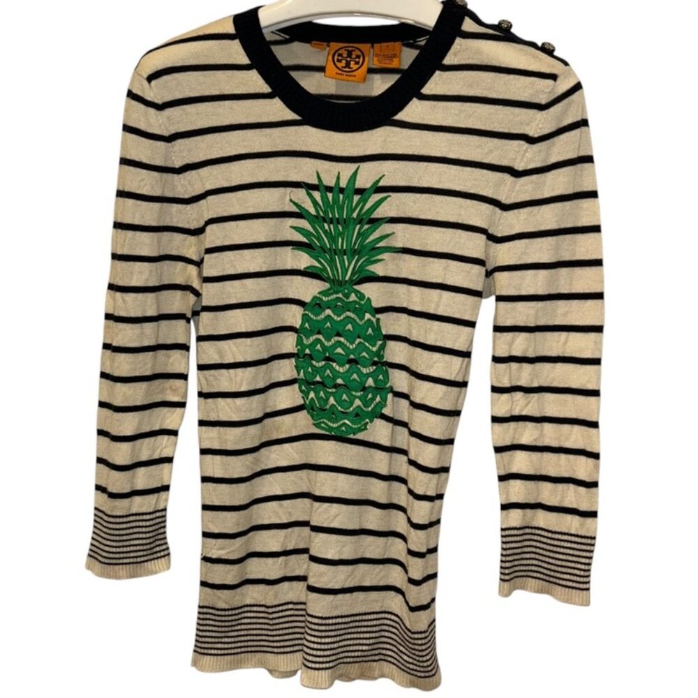 tory burch French Breton Nautical Stripe Embroidered PINEAPPLE sweater S